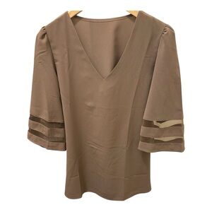 V-Neck Blouse with Stylish Sleeve Detail Women's Size M Brown